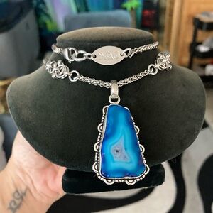 925 sterling silver overlay Blue agate slice stone charm boho steel necklace